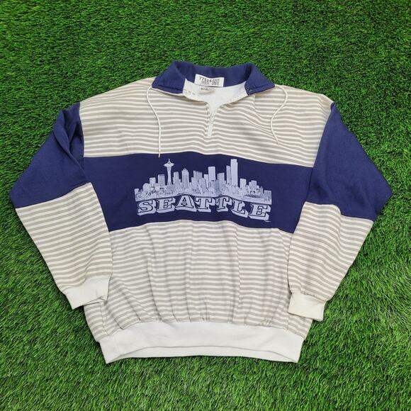 Vintage 90s Seattle Stripes Sweatshirt Large 22x26 Beige USA - Picture 1 of 15
